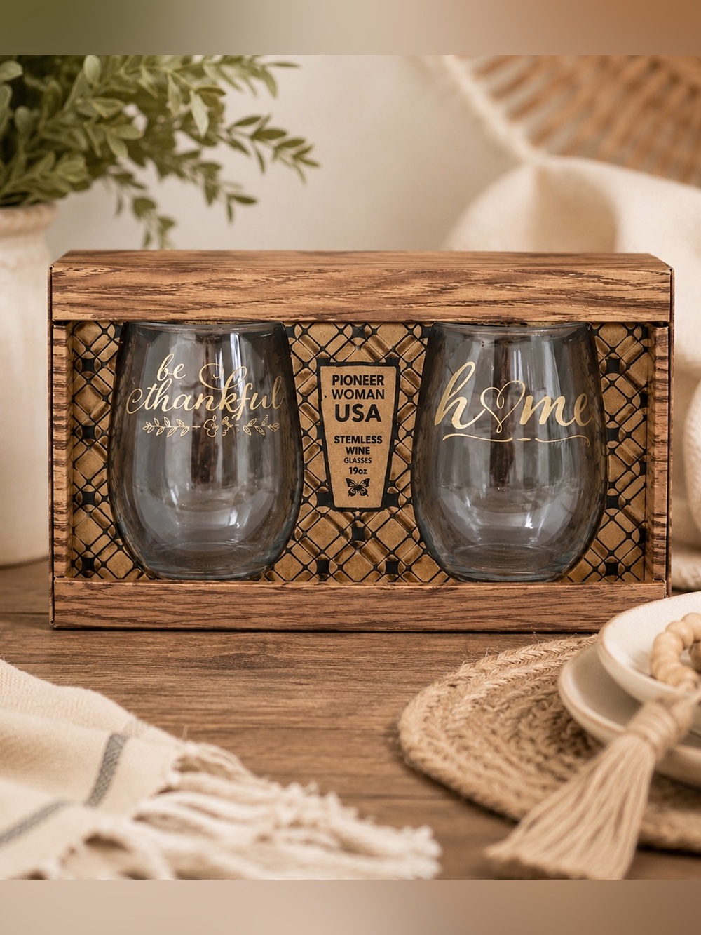 Home & Be Thankful Stemless Wine Glass Set 19 oz NIB Made in USA NEW